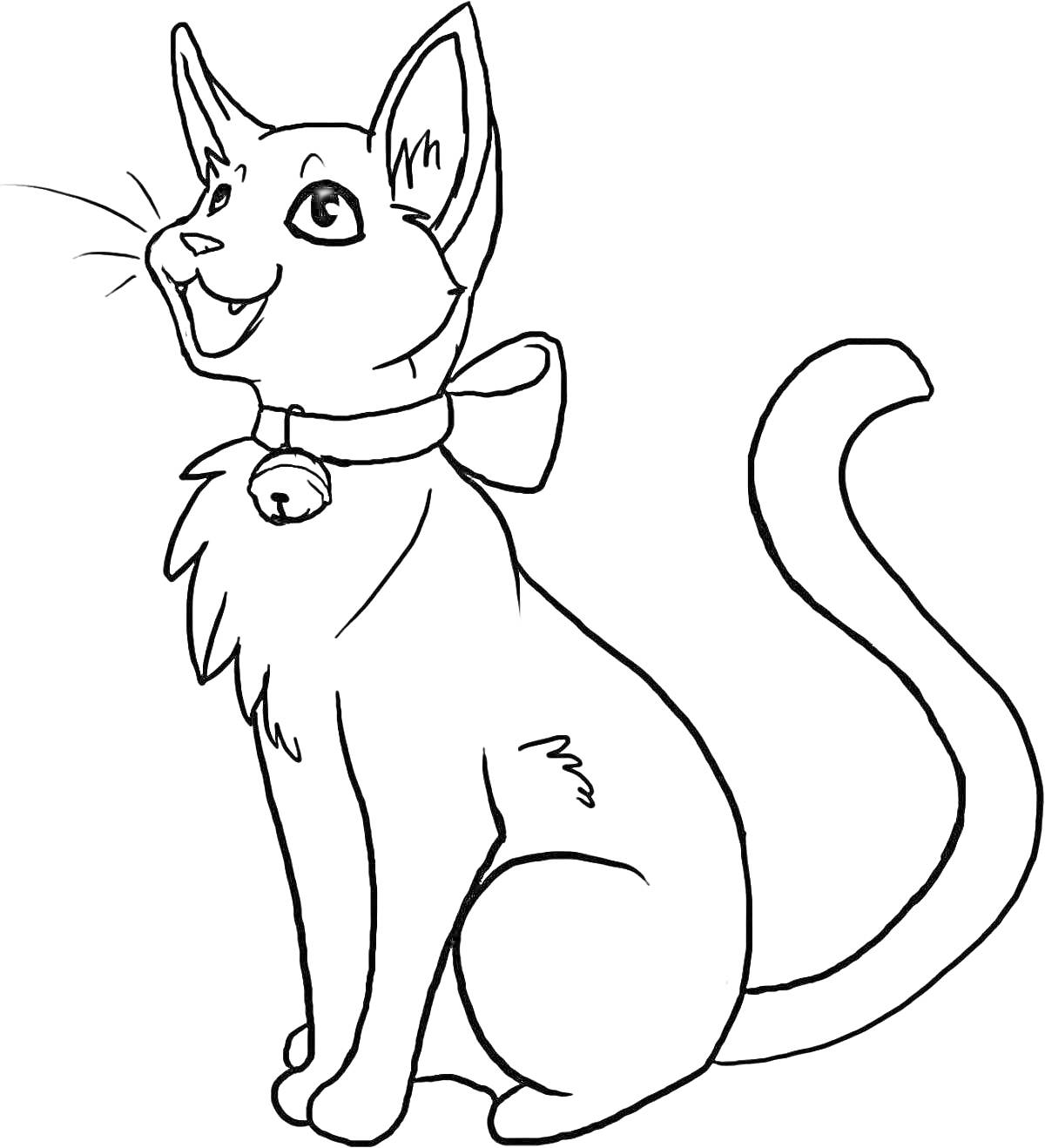 Раскраска Кошка с бантом и колокольчиком на шее