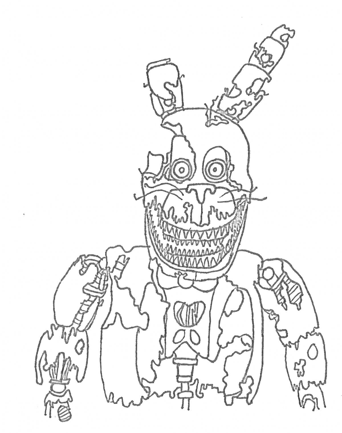 На раскраске изображено: Робот, Фредди, Большие зубы, Выпученные глаза, Механика, Аниматроник