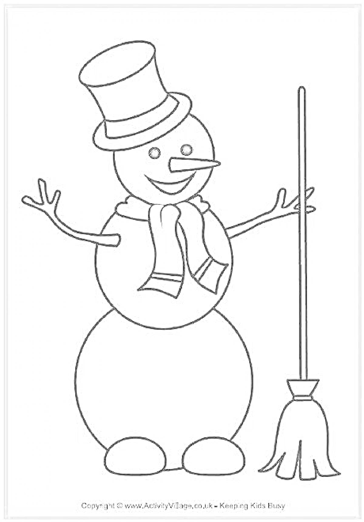 Раскраска Снеговик с метлой в шляпе и шарфе