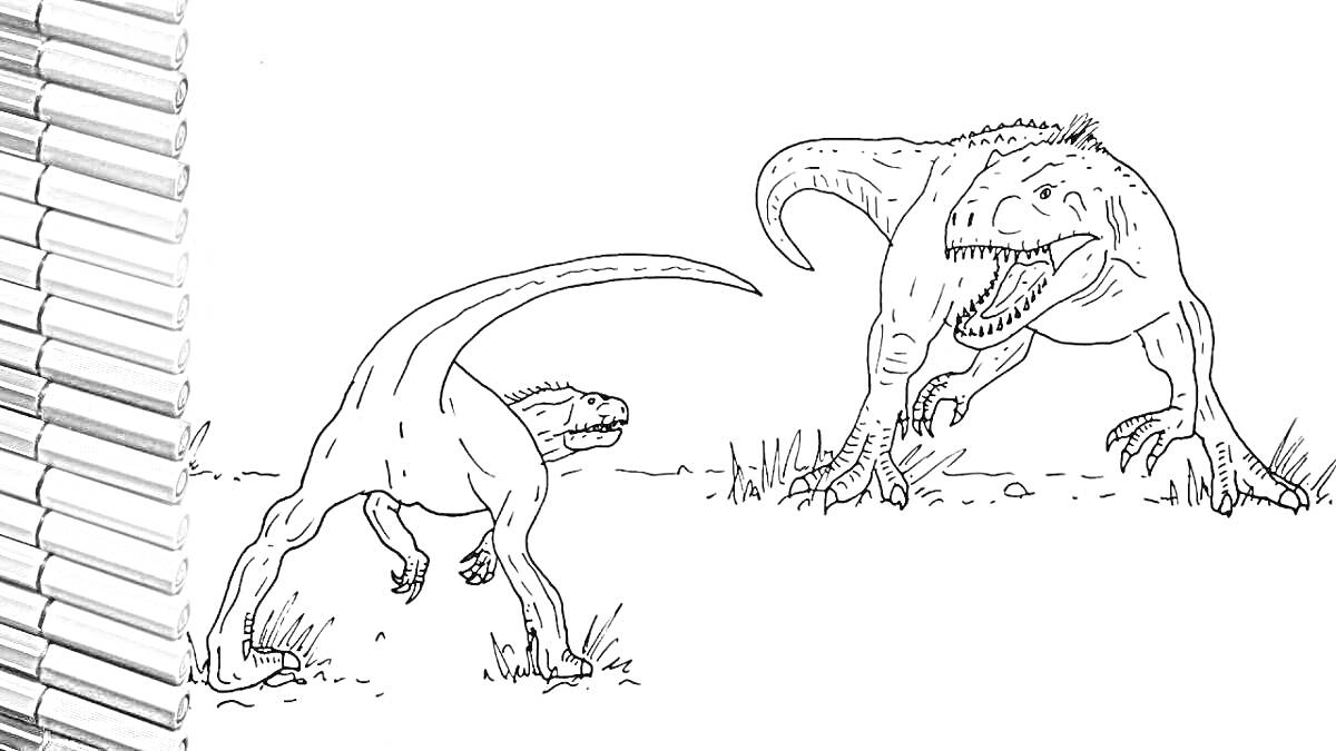 Раскраска Два динозавра индоминус рекс в различных позах с карандашами на левой стороне