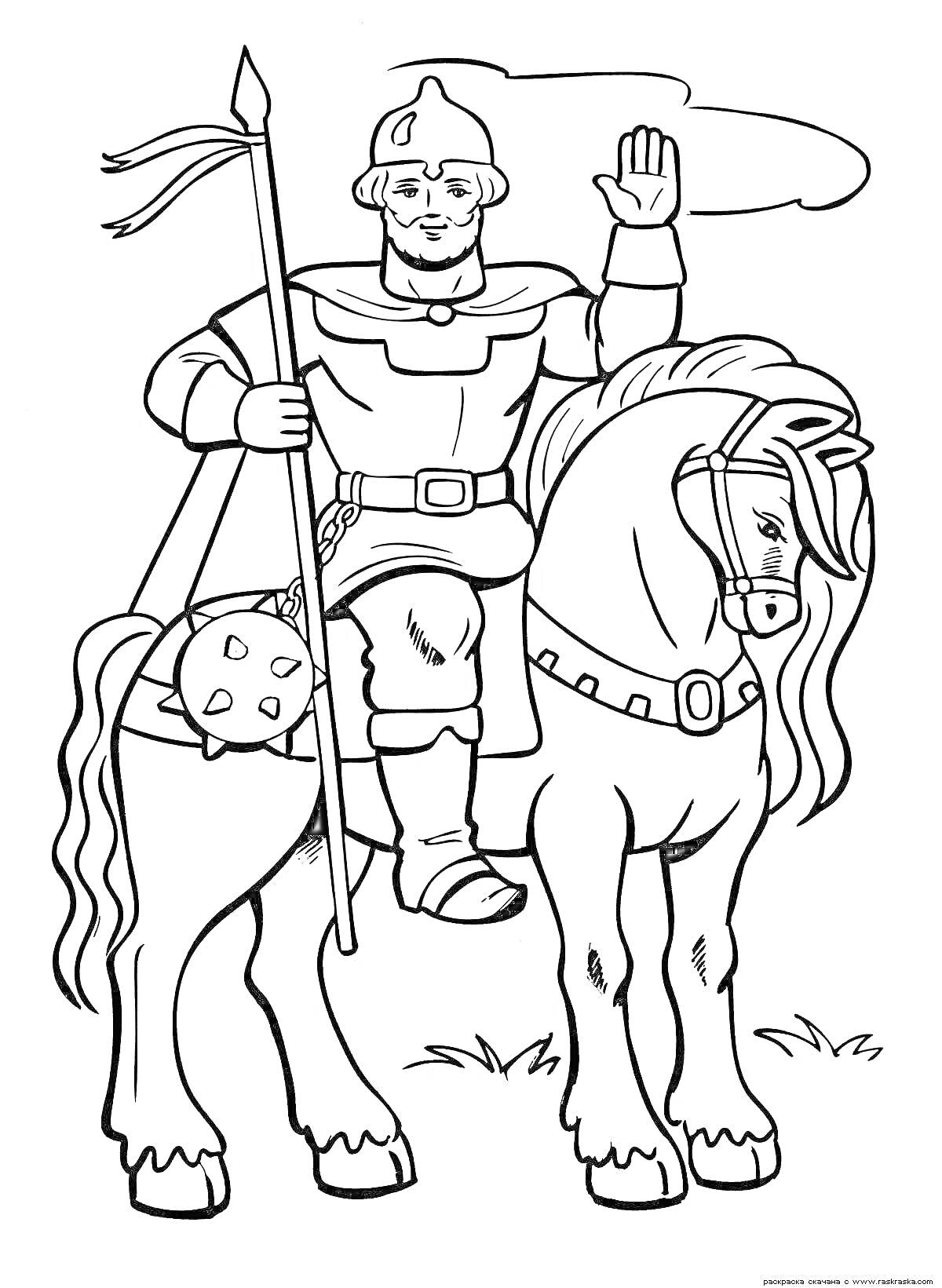 На раскраске изображено: Богатырь, Конь, Лошадь, Щит, Трава, Воин