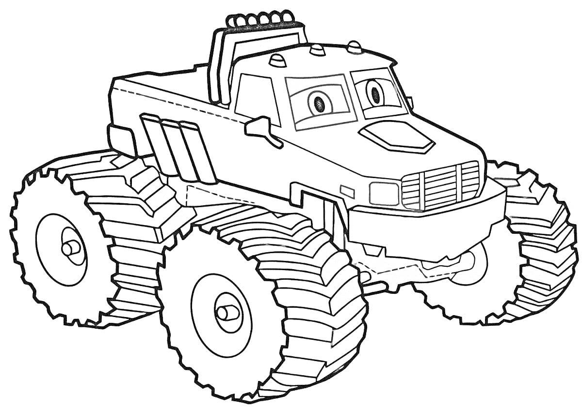 Раскраска Монстр-трак с улыбающимся лицом и большими колёсами