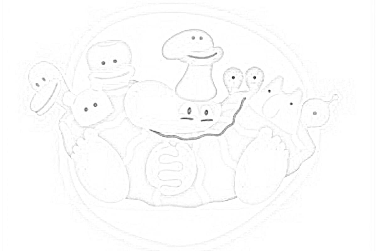 Раскраска Бодо Бородо с друзьями, Облачко в центре, Грибочек, Улитки, Лягушка