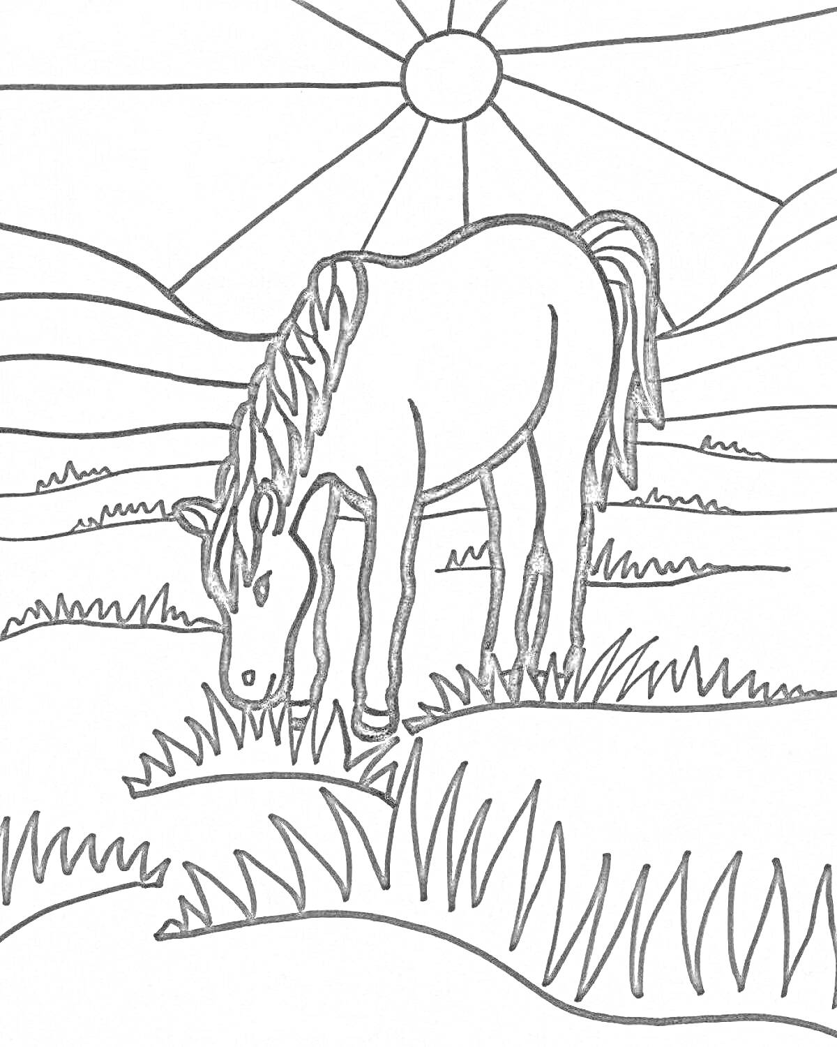 На раскраске изображено: Лошадь, Солнечный день, Пастбище, Трава, Холмы, Для детей, Природа, Поле, Солнце