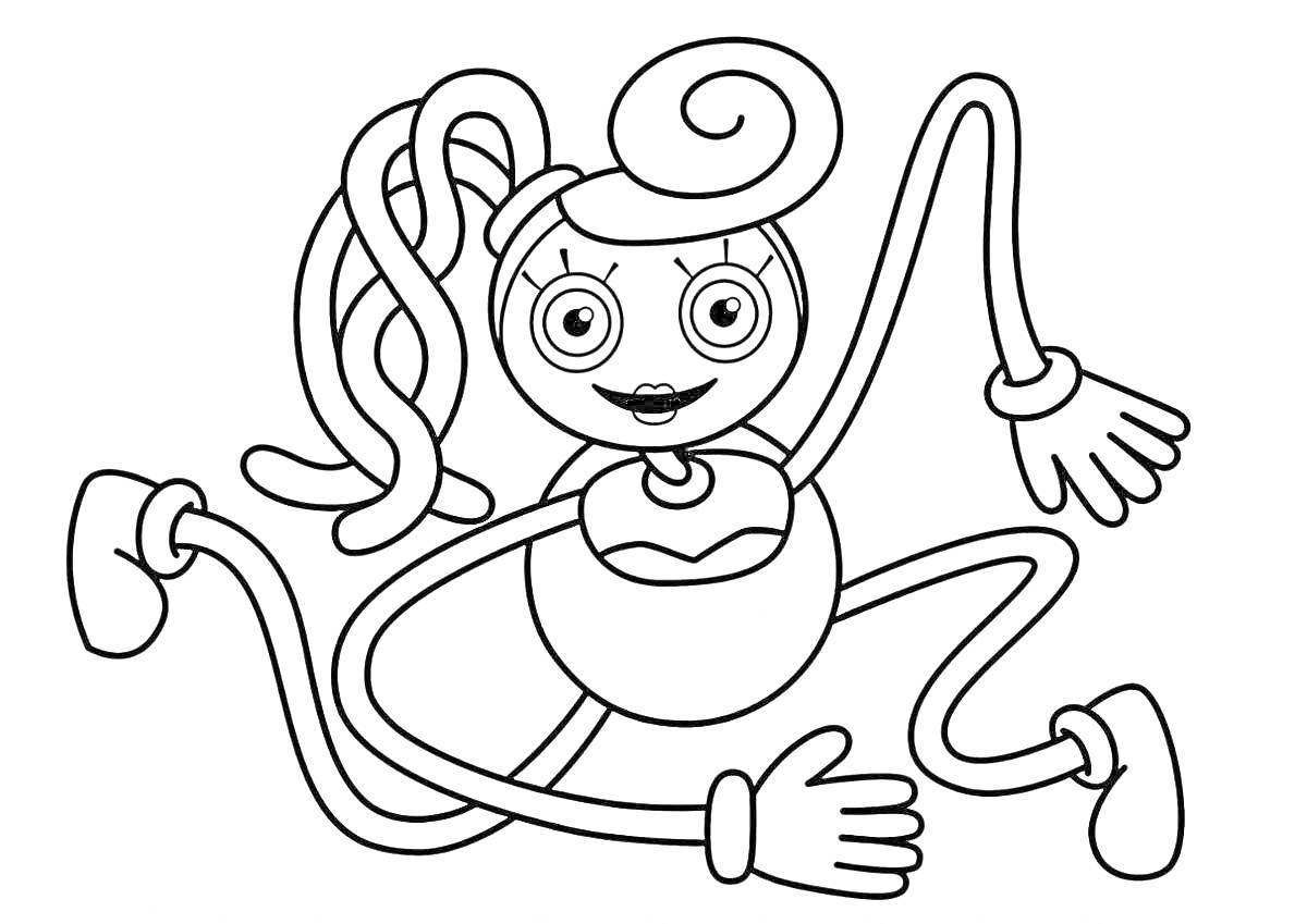 Раскраска с изображением мамы с длинными ногами и руками, кудрявыми волосами и большими глазами