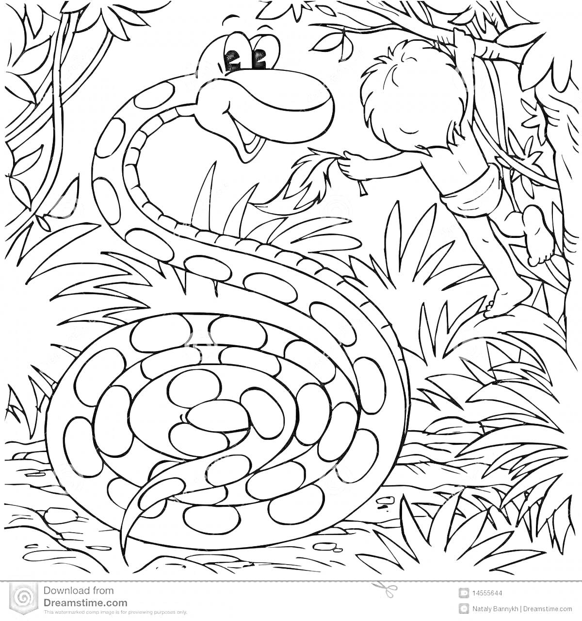 Раскраска Змейка с мальчиком в джунглях