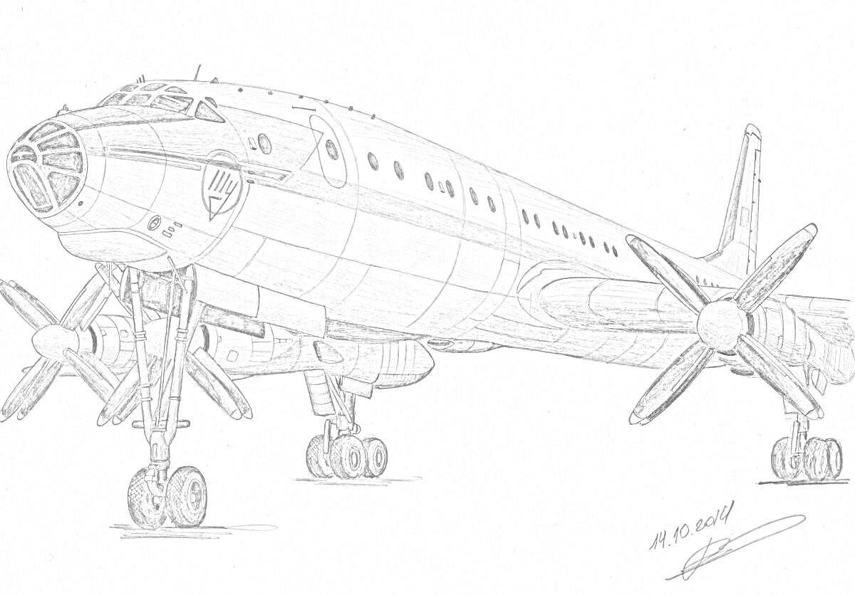 Раскраска Чертеж самолета Ту-154 с пропеллерами и шасси в передней стойке
