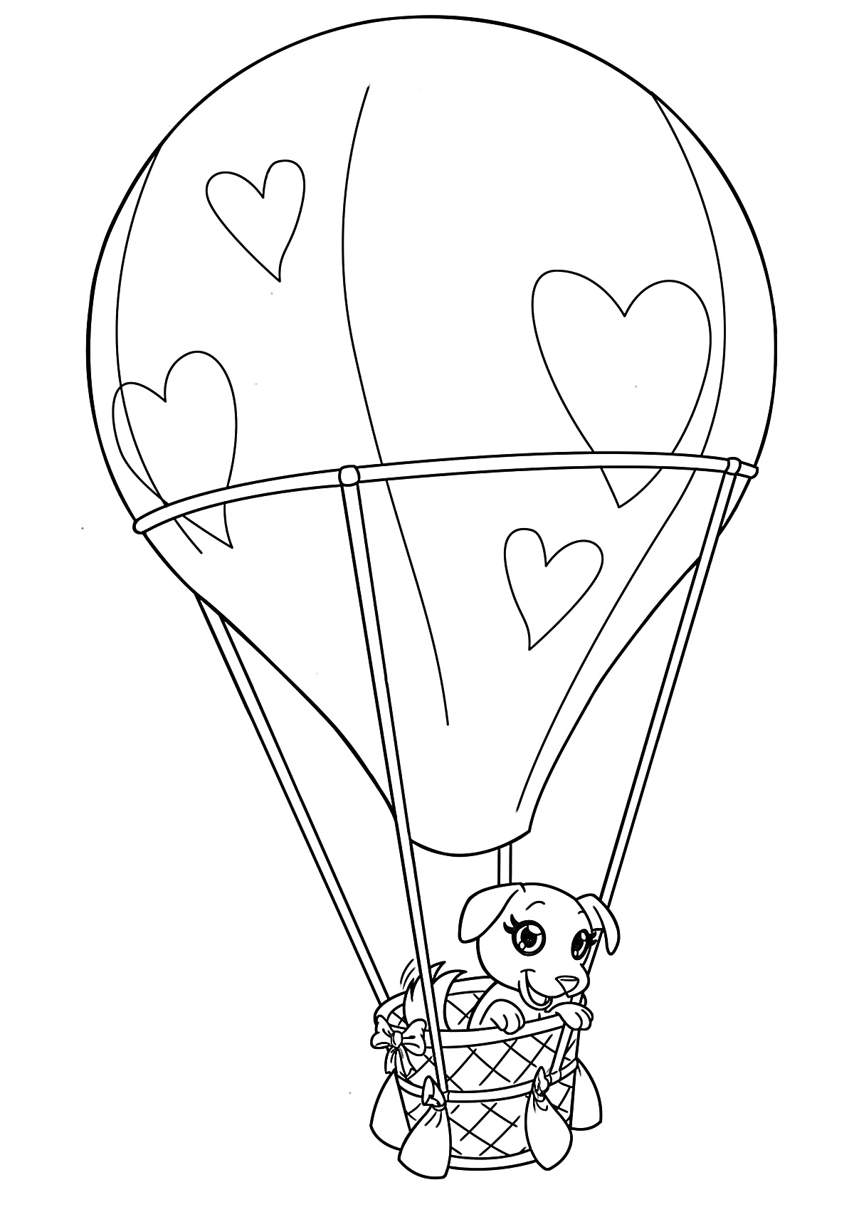На раскраске изображено: Воздушные шары, Собака, Сердца