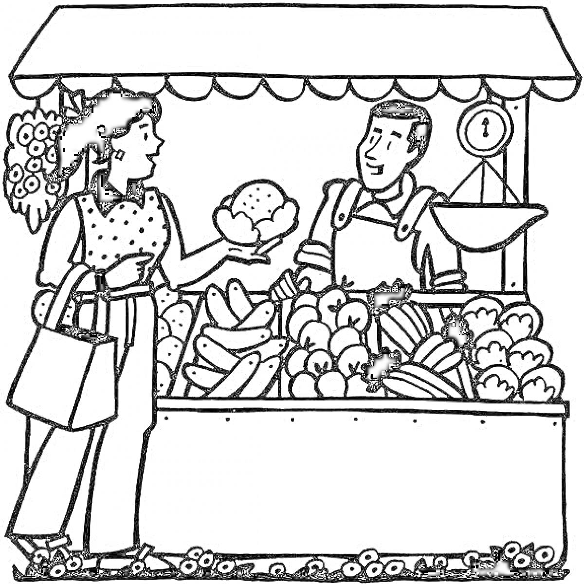 На раскраске изображено: Рынок, Прилавок, Овощи, Продавец, Весы, Женщина, Сумка, Покупки