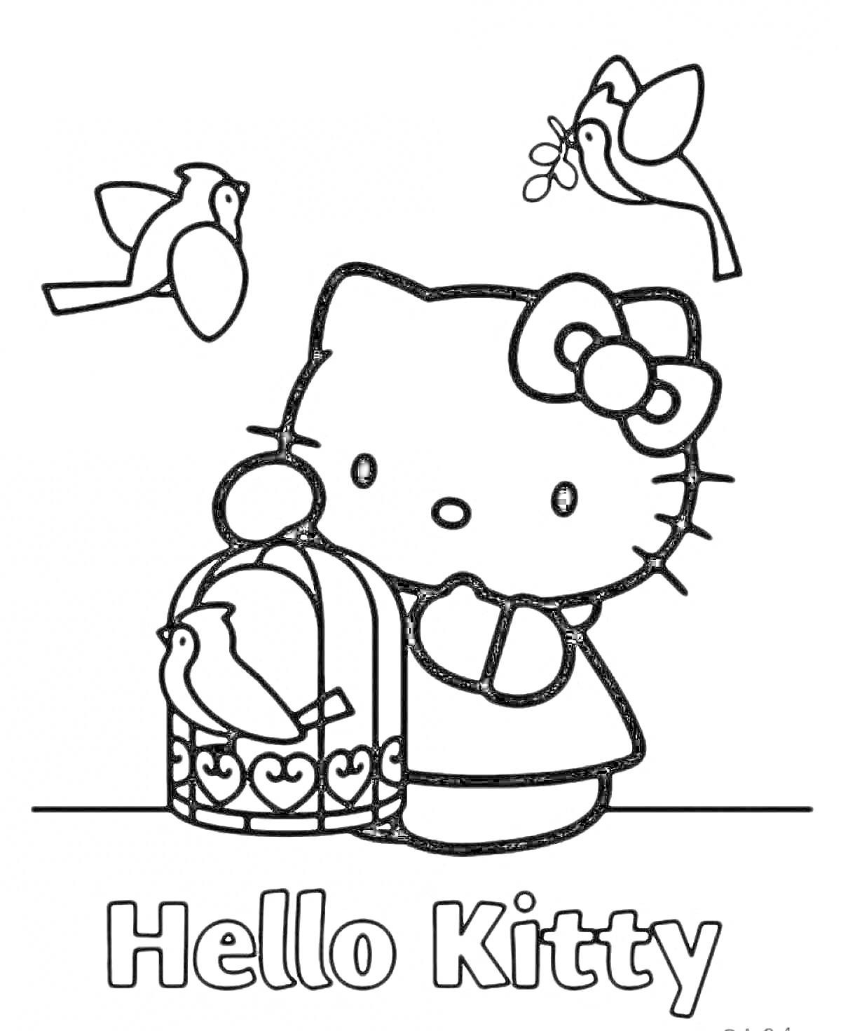 На раскраске изображено: Hello Kitty, Бант, Из мультфильмов, Для детей, Птица, Клеточки