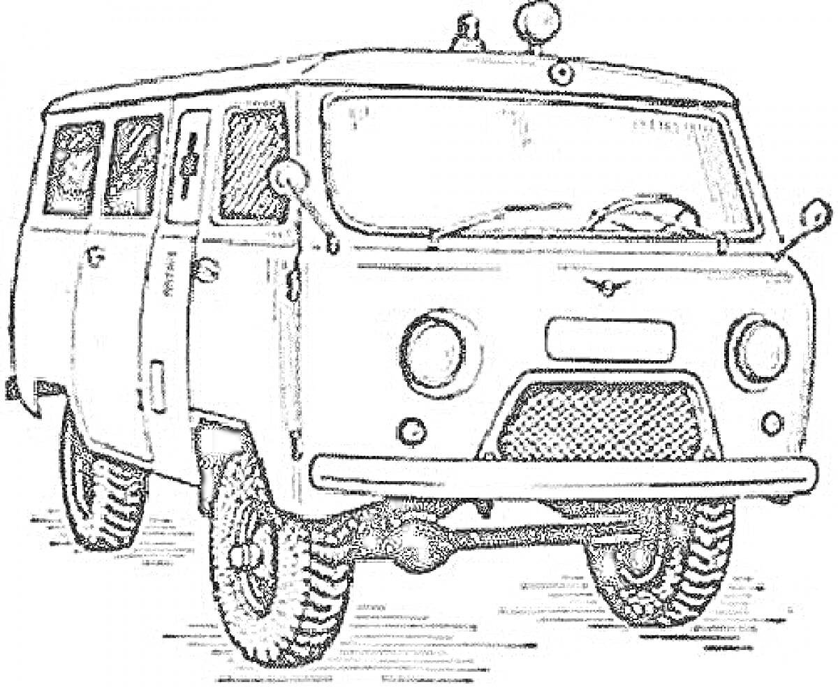 Раскраска Буханка машина с двумя боковыми дверями, двумя фарами спереди, круглыми зеркалами, передним бампером и антеннами наверху