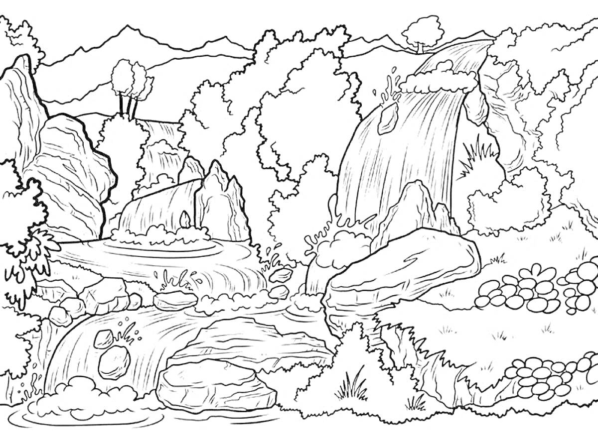 Раскраска Горный пейзаж с водопадом, речкой и деревьями
