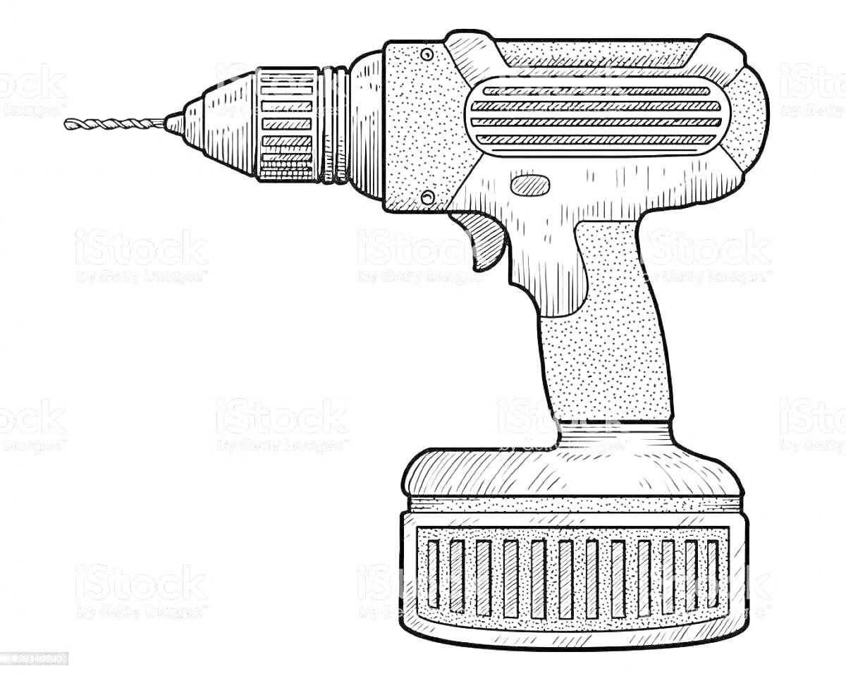 Раскраска Шуруповерт с аккумулятором и сверлом