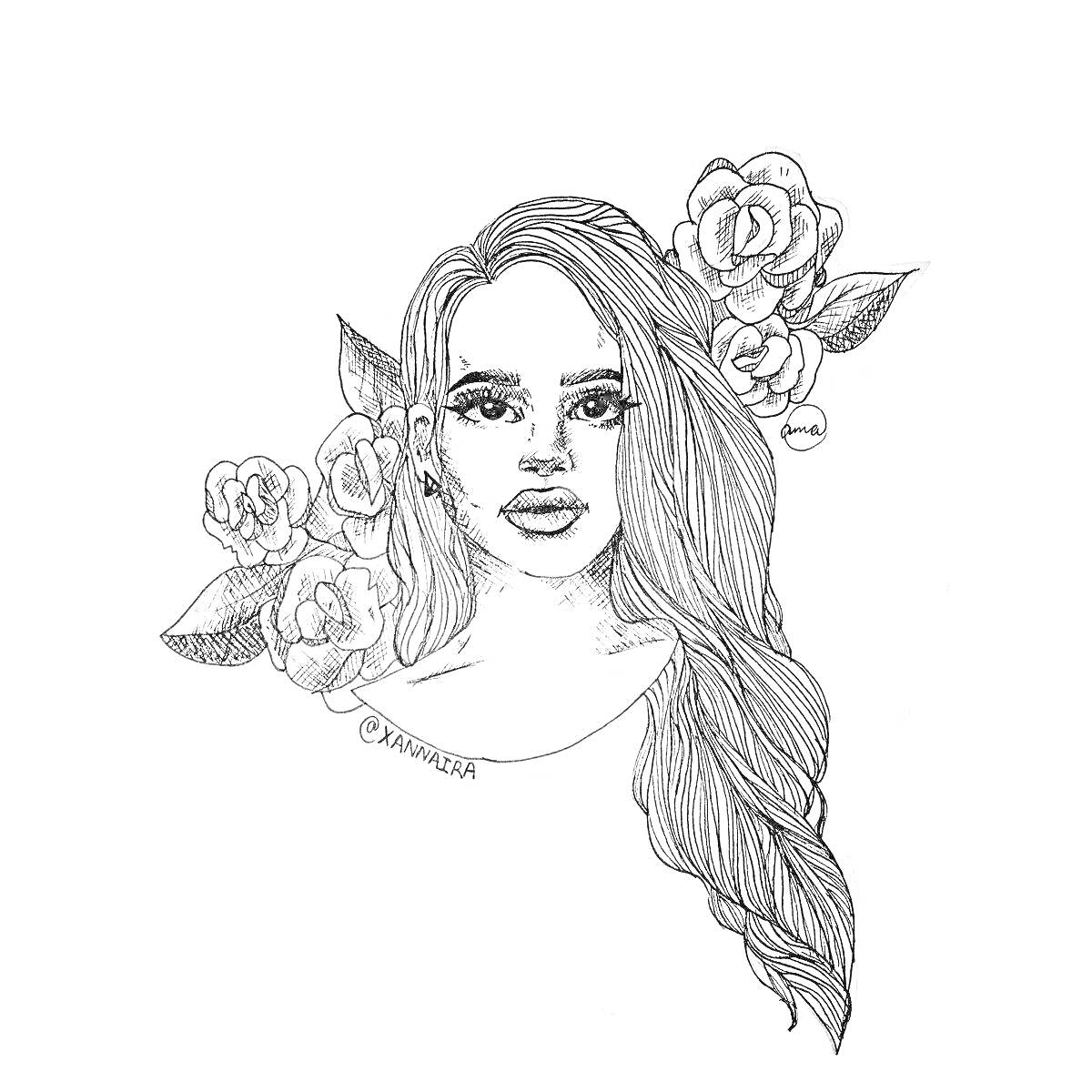 Раскраска Портрет девушки с длинными волосами и цветами на заднем плане