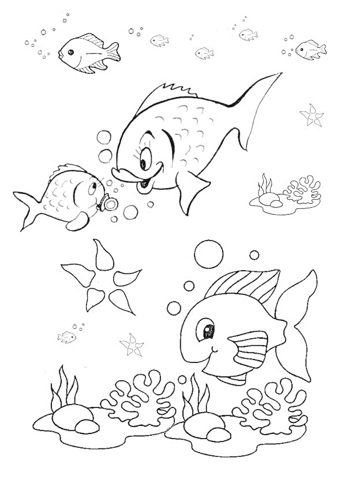 На раскраске изображено: Кораллы, Пузыри, Морские звезды, Подводный мир, Морская жизнь, Подводное царство