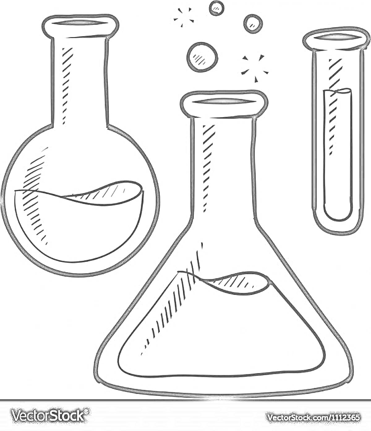 На раскраске изображено: Лаборатория, Колба, Химия, Оборудование, Эксперименты, Исследования, Пробирки, Пузыри