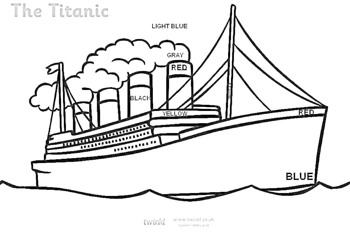 На раскраске изображено: Титаник, Корабль, Волны