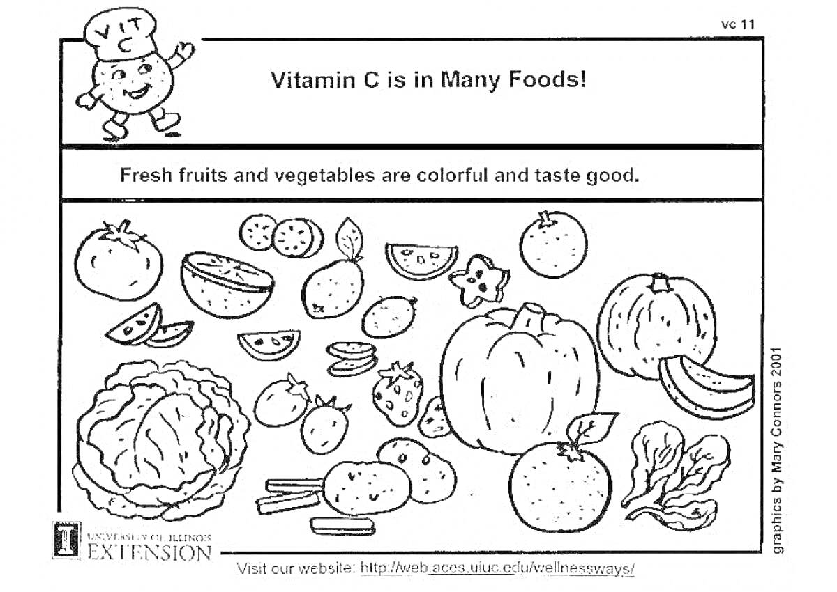Раскраска с изображением продуктов, содержащих витамин С: апельсин, лимоны, лаймы, клубника, брокколи, картофель, яблоко, огурец, помидоры, морковь, бананы, киви, мандарины, дыня, капуста.