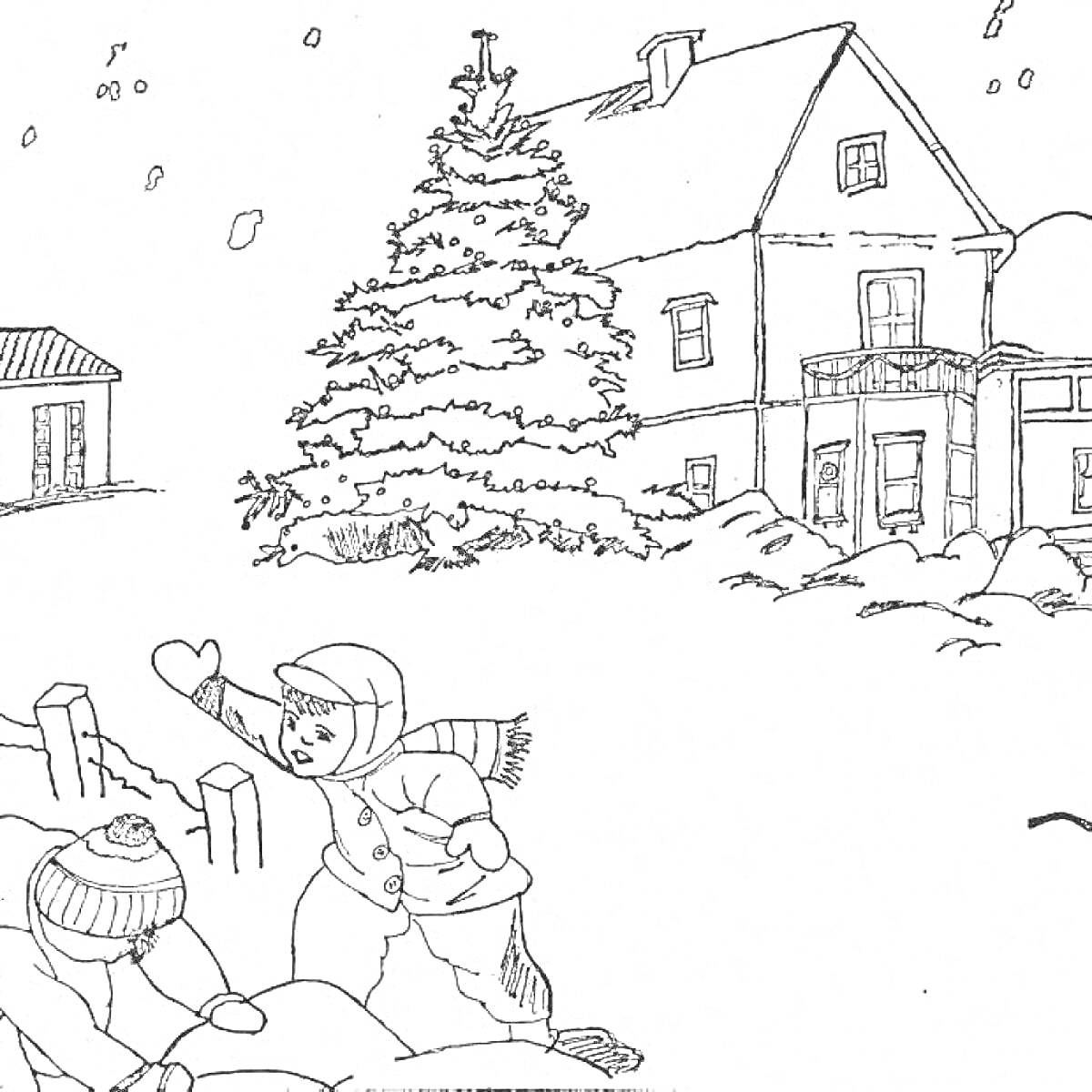 Раскраска Дети играют в снежки на фоне заснеженного дома и елки