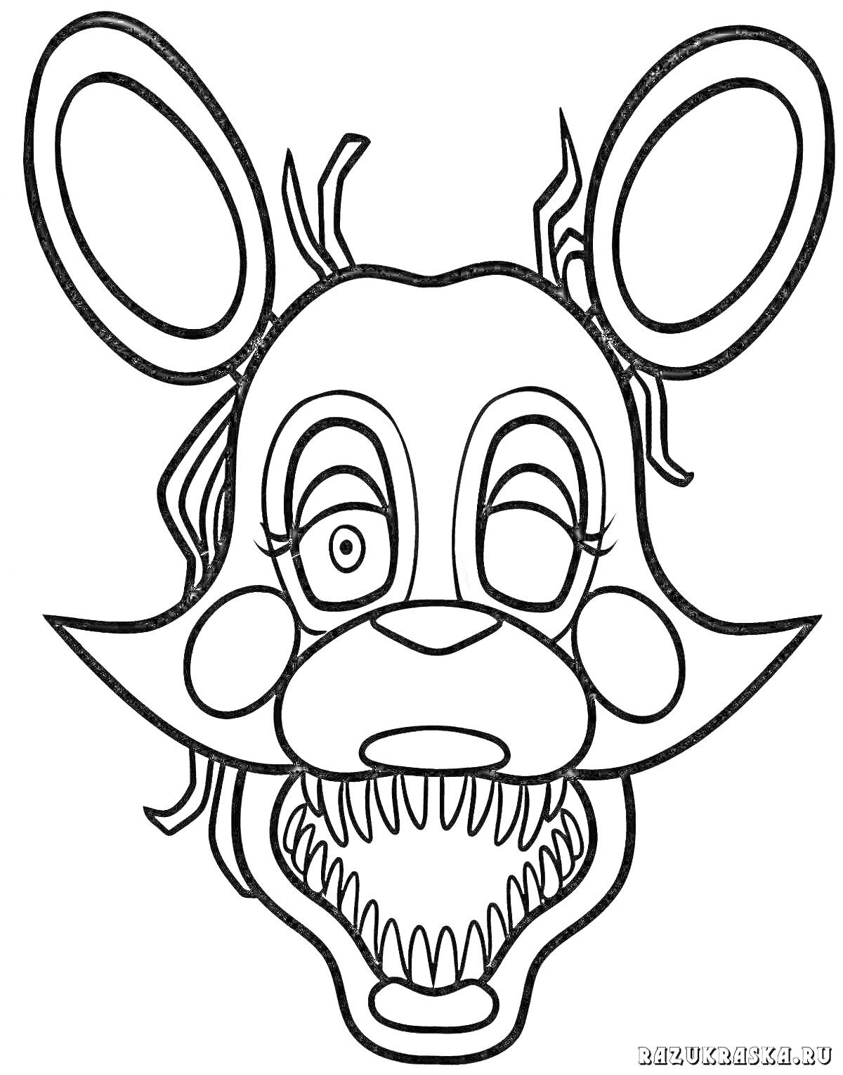 Раскраска Аниматроник с кроличьими ушами и острыми зубами, с механическими деталями