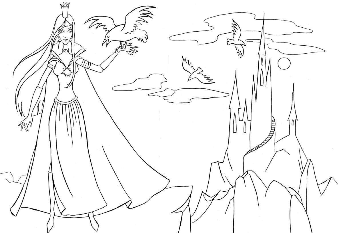 Раскраска Снежная королева, держащая птицу, рядом замок на вершине горы, три парящих птицы, облака и солнце на фоне
