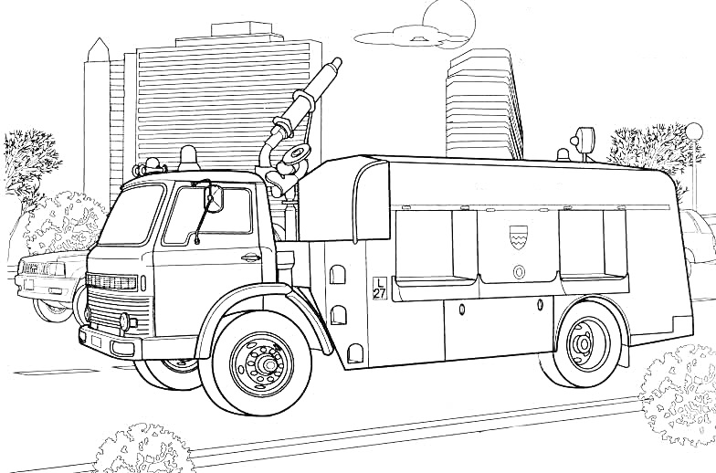 Раскраска Пожарная машина в городе с людьми на улице и зданиями на заднем плане