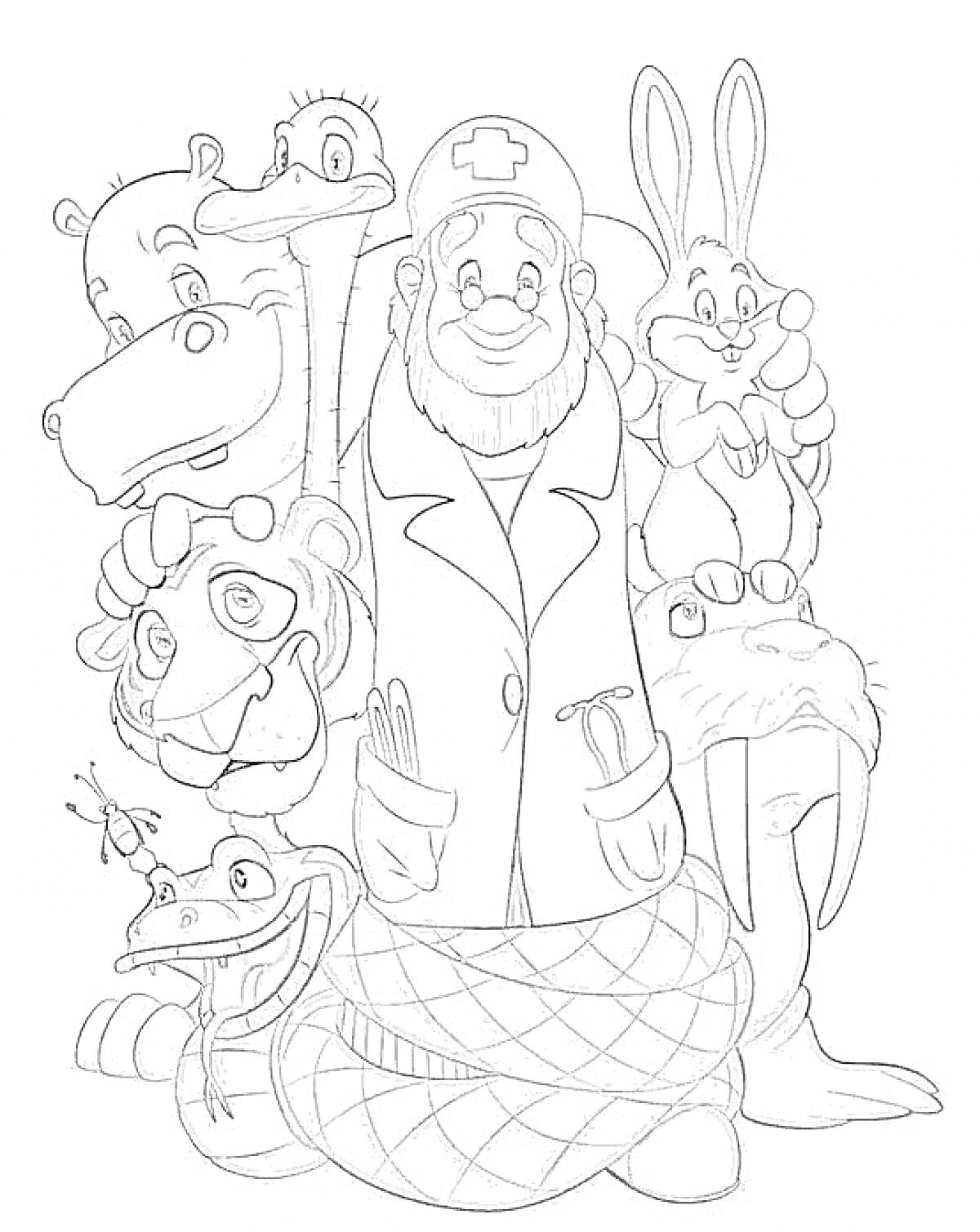 Раскраска Доктор Айболит со своими друзьями-животными