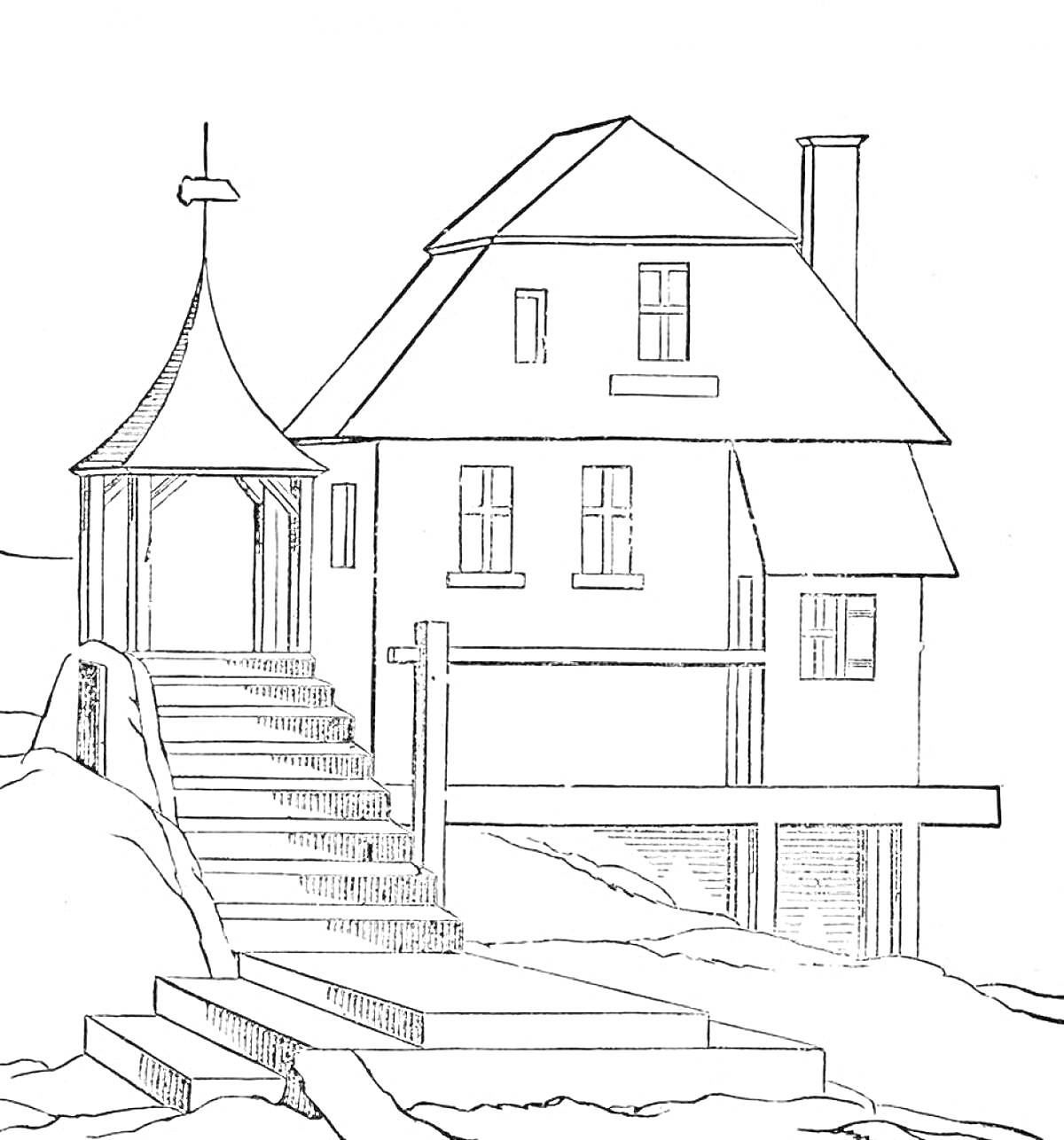 На раскраске изображено: Дом, Крыльцо, Лестница, Веранда, Крыша, Окна, Дымоход