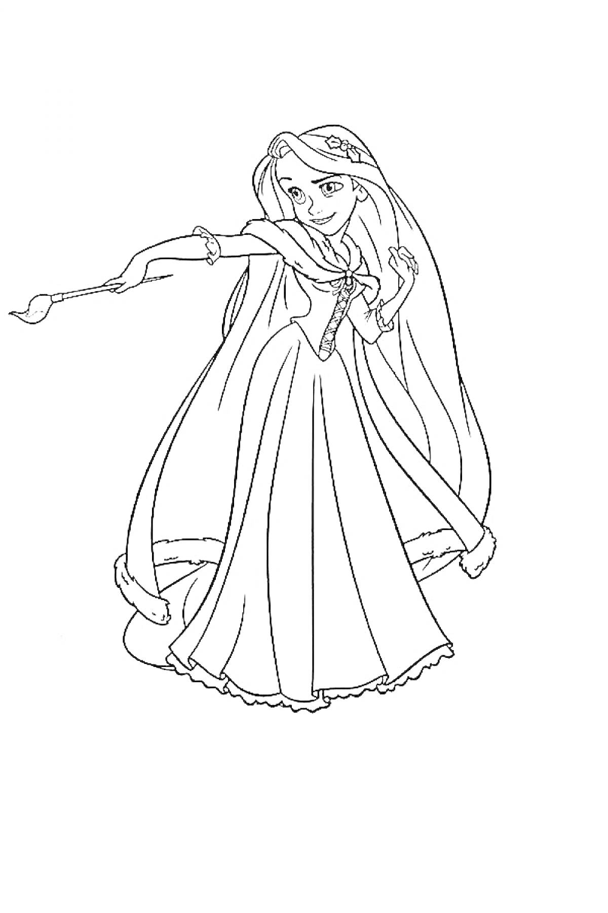 На раскраске изображено: Рапунцель, Принцесса, Длинные волосы, Платье