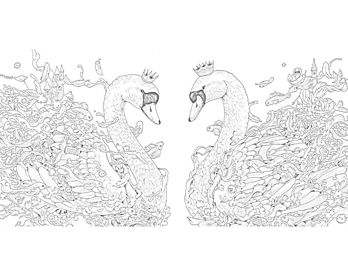 Раскраска Два лебедя в коронах, окруженные волнами и завитками