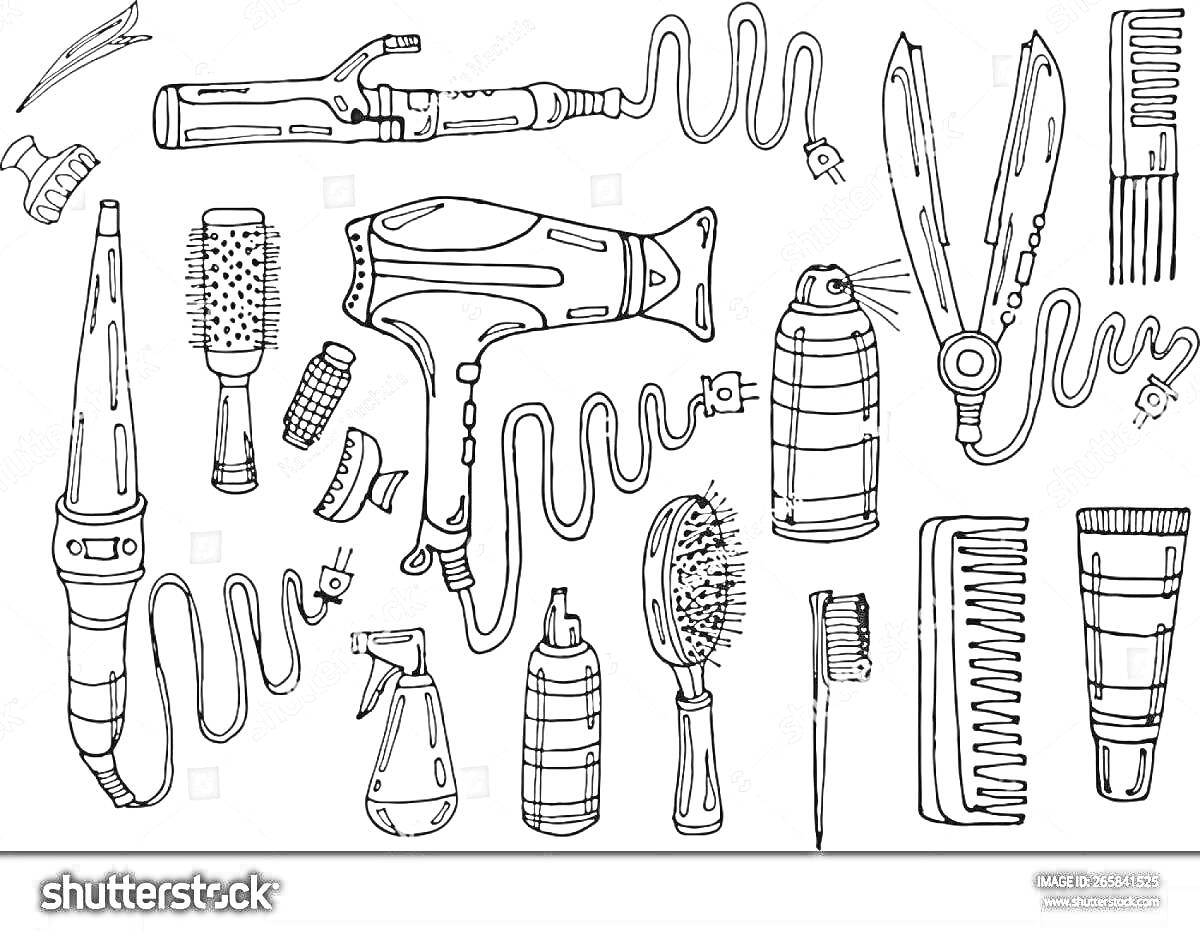 На раскраске изображено: Фен, Расческа, Зажимы, Спрей, Ножницы