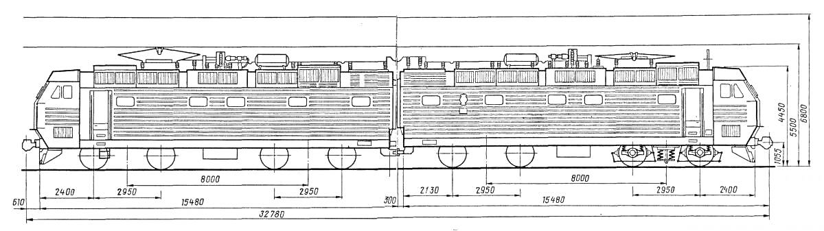 Чертеж электровоза ЧС4Т с указанием габаритов и всех элементов