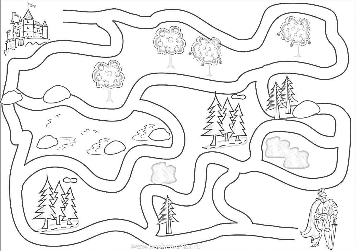 Раскраска Лабиринт в лесу с замком и рыцарем