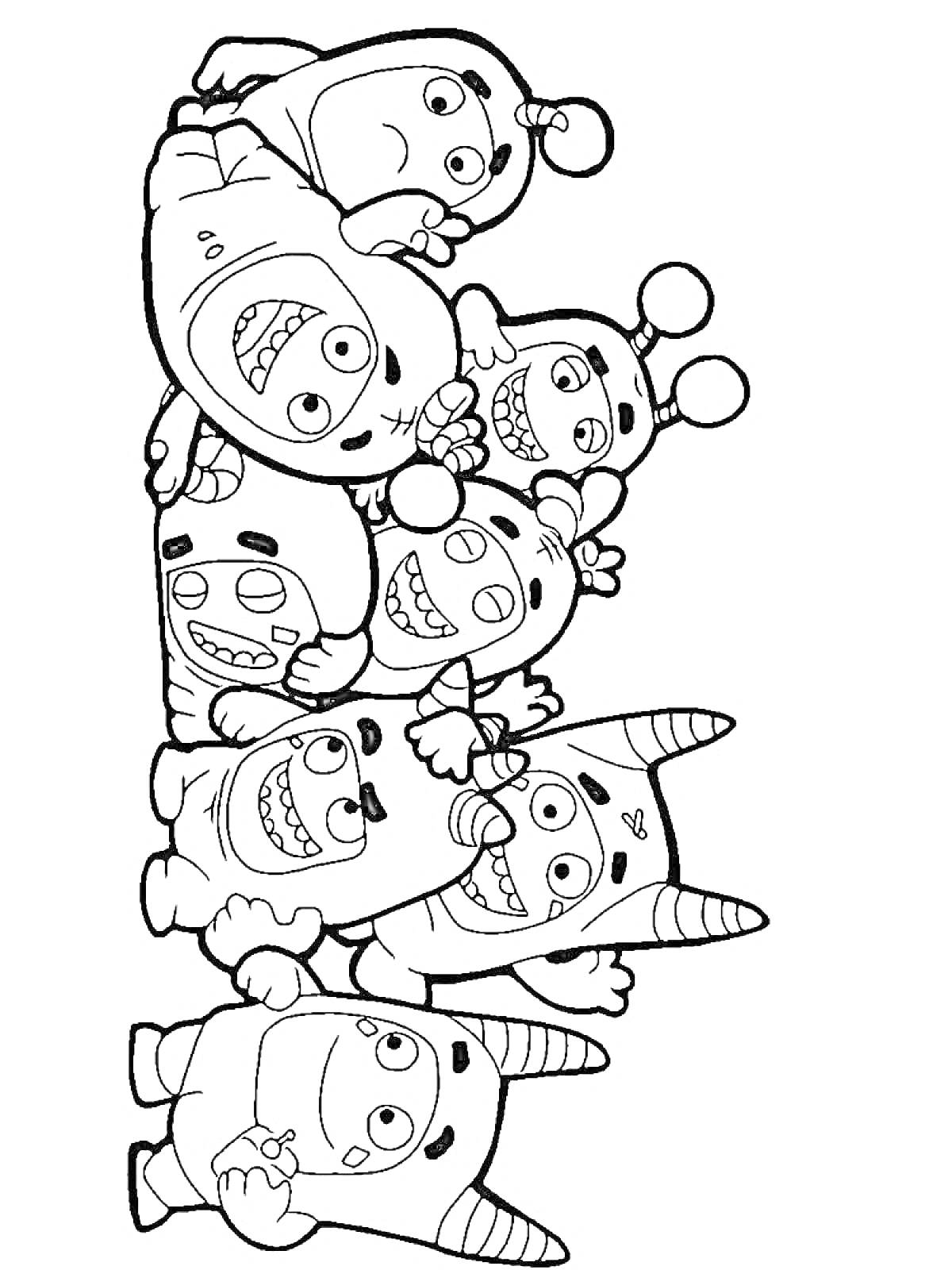 Раскраска Группа чудиков с антеннами и рожками, стоящих друг на друге