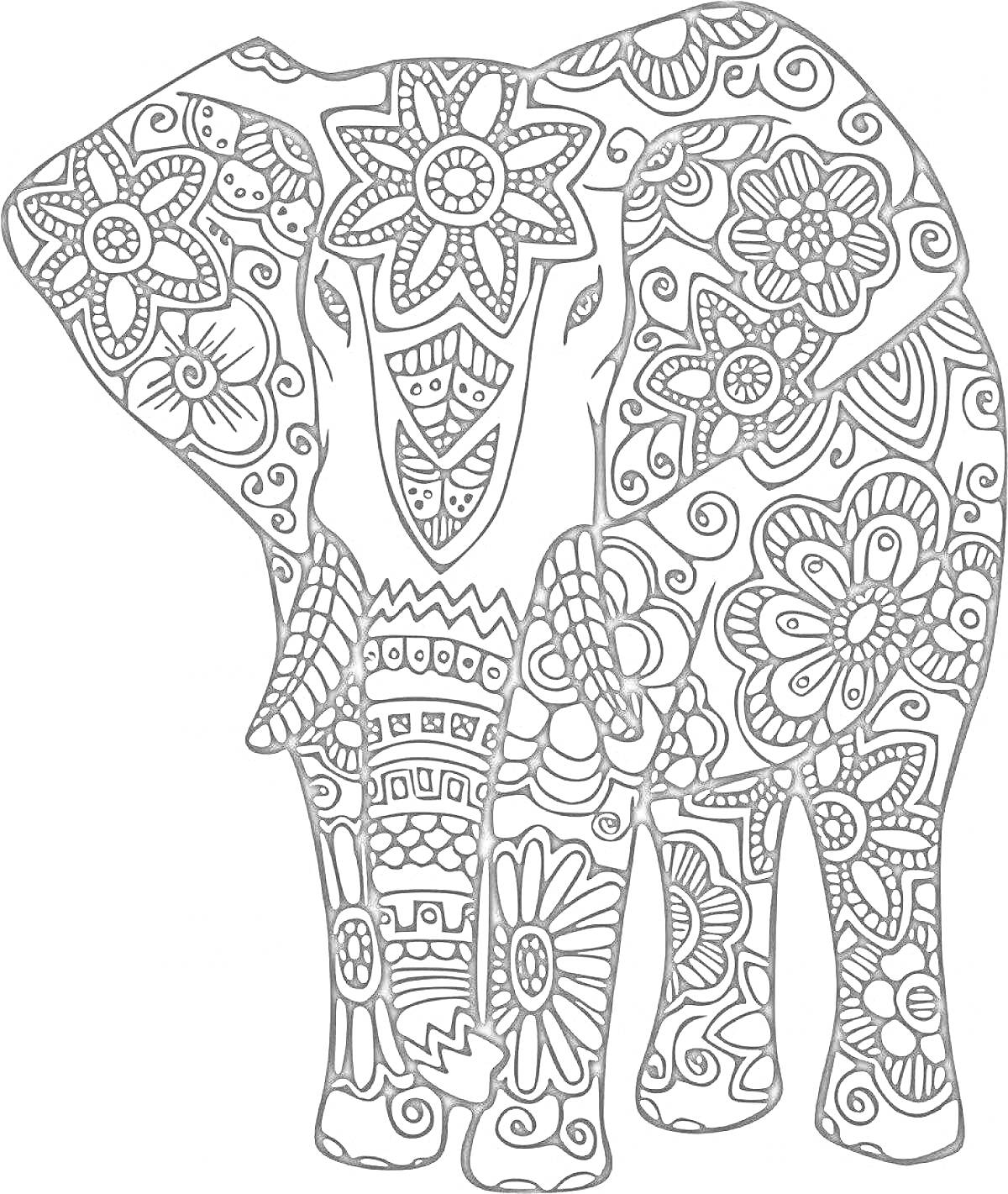 На раскраске изображено: Антистресс, Слон, Цветы, Узоры, Завитки, Творчество, Медитация, Арт-терапия, Релакс