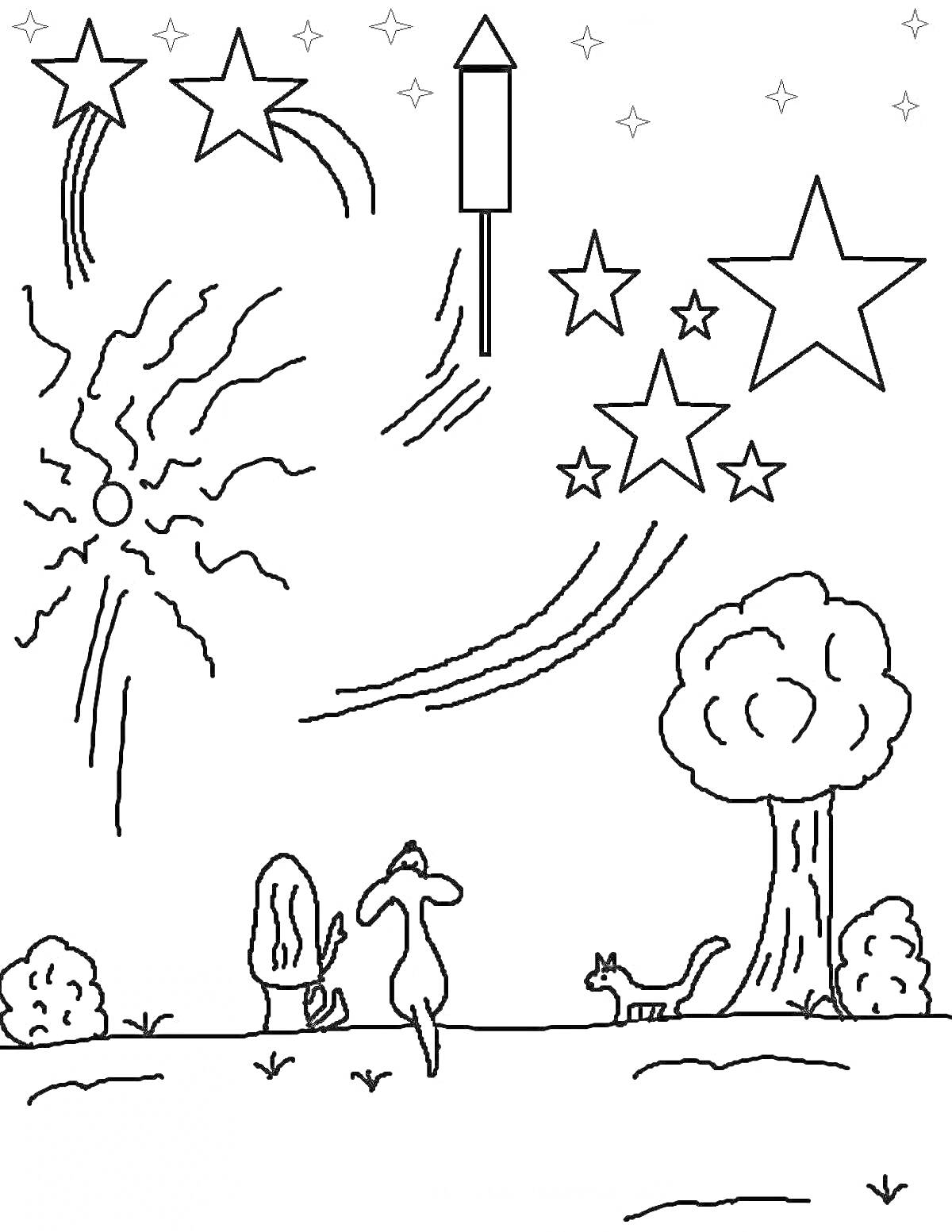 На раскраске изображено: Салют, Победа, Звезды, Ракета, Кусты, Кот, Заяц, Трава, Ночь, Небо