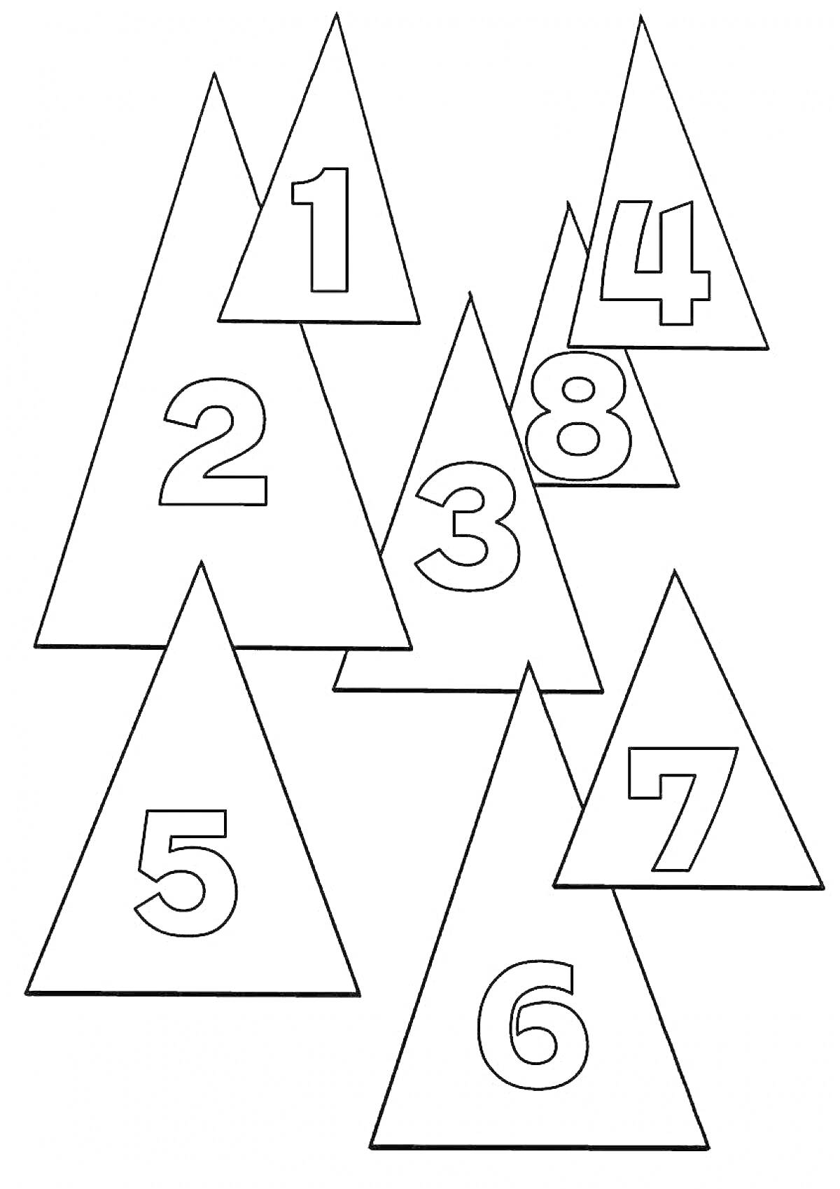 На раскраске изображено: Треугольники, Для детей, Цифры, Фигуры, Математика