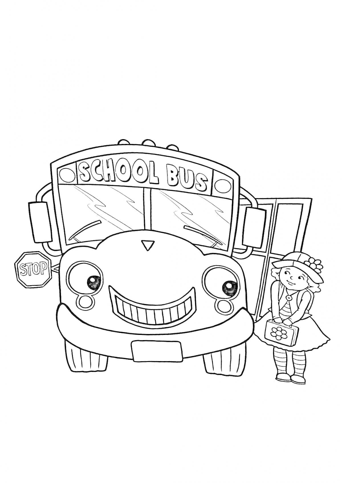 На раскраске изображено: Школьный автобус, Девочка, Рюкзак, Транспорт, Для мальчиков