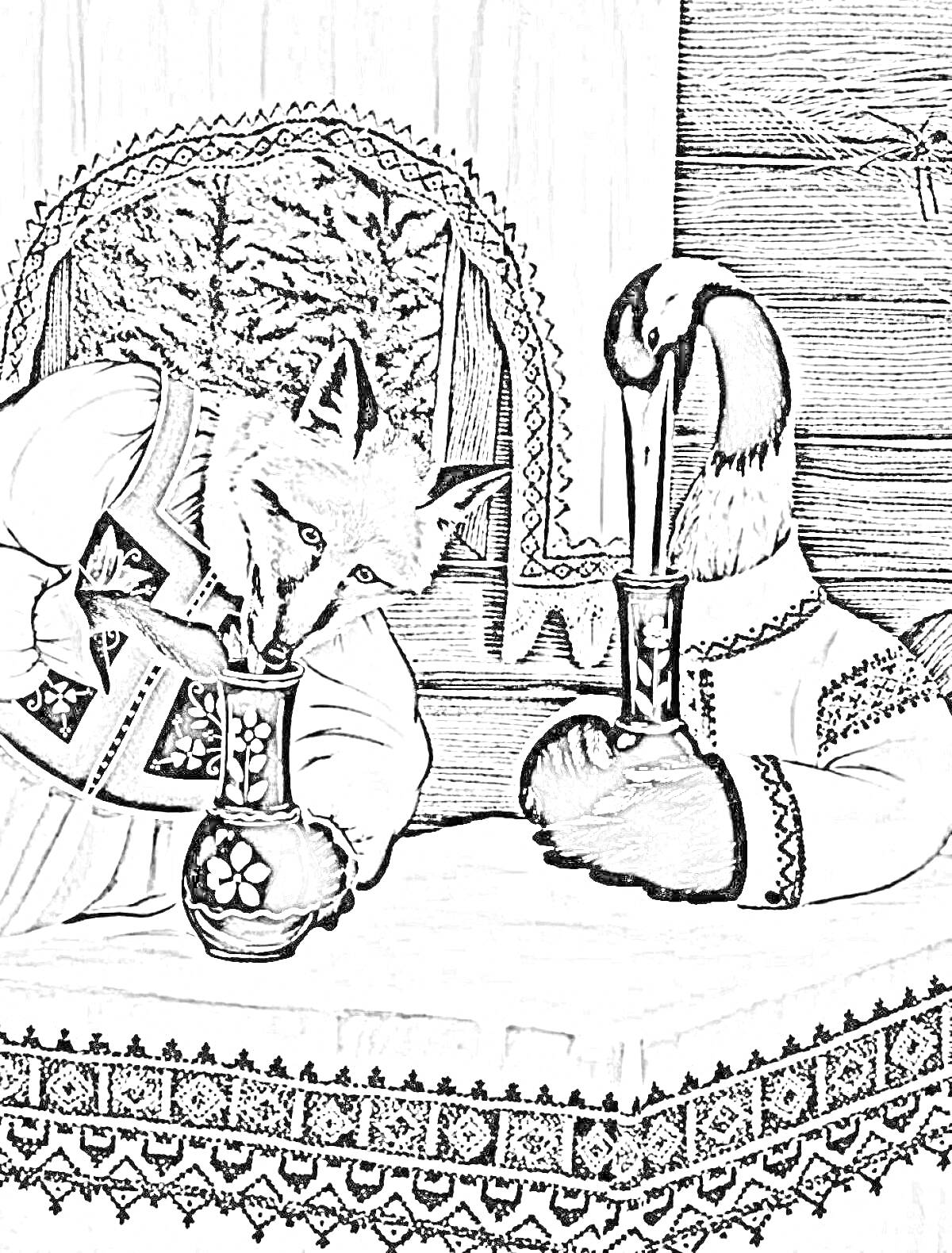 Раскраска Лиса и журавль за столом с кувшинами