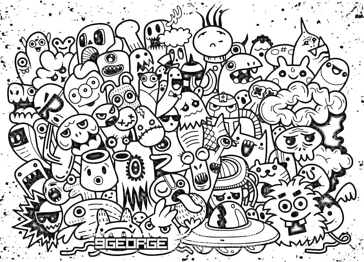 Раскраска Разнообразие забавных существ, включающее инопланетянина, облако с лицом, планету Сатурн, рыбку с одним глазом, несколько видов монстров, грибочки, роботов и странных существ