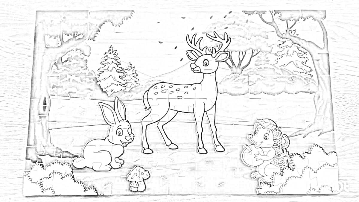 На раскраске изображено: Лес, Олень, Заяц, Собака, Деревья, Природа, Животные