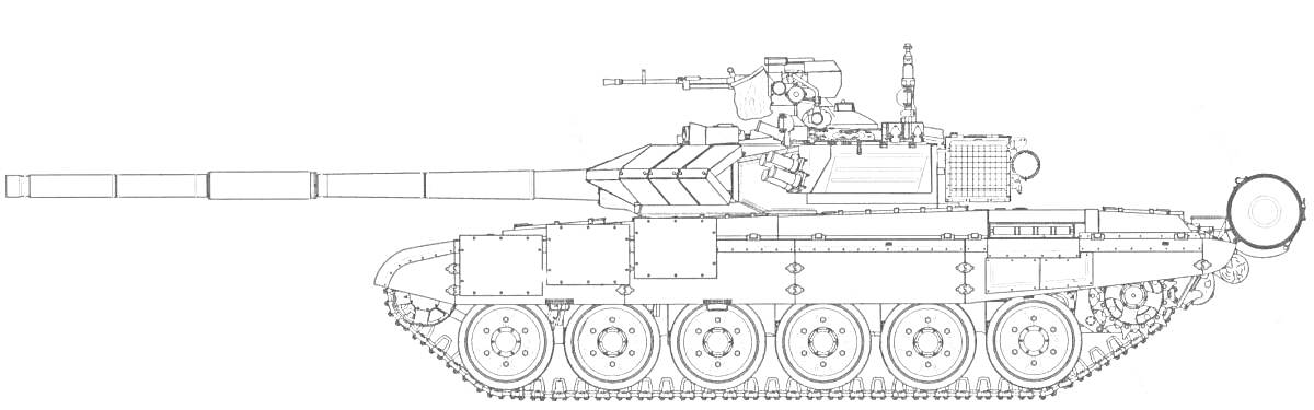 Раскраска Контурная раскраска танка Т-80 с деталями башни, орудия, гусениц и колес