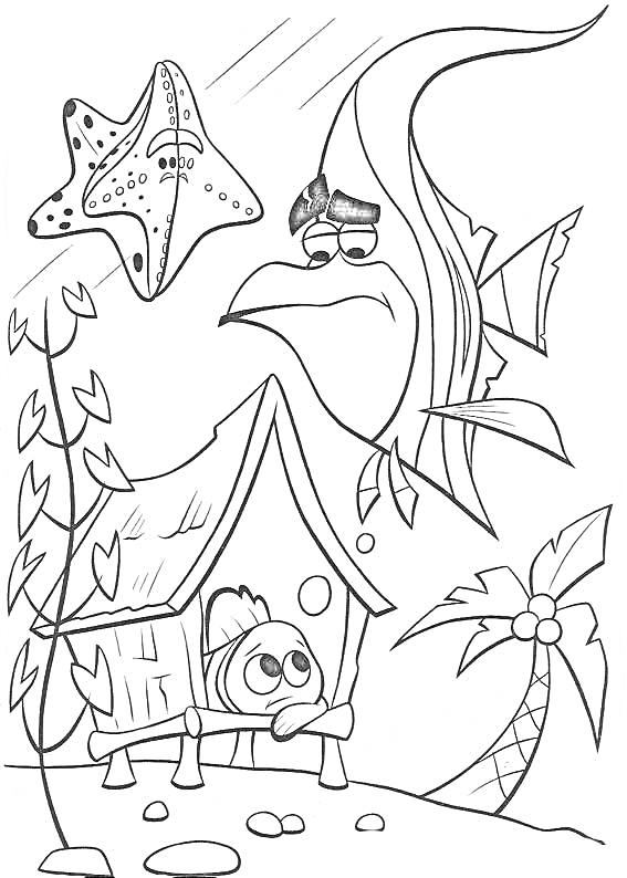 Раскраска Морская звезда, рыба и укрытие рядом с пальмой