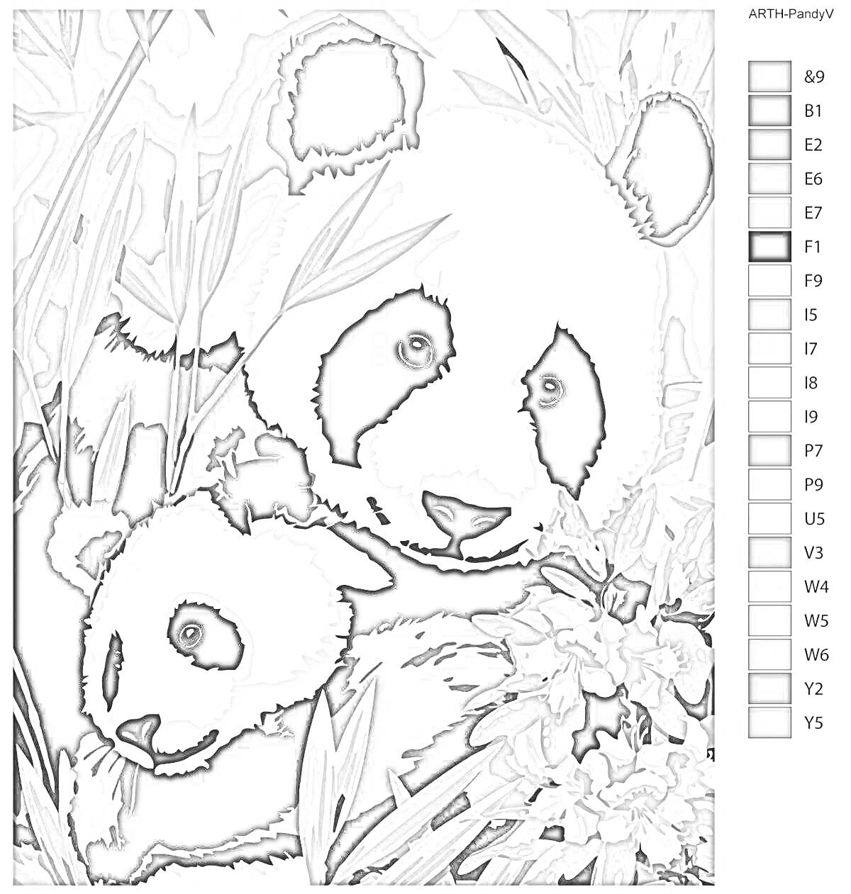 Раскраска Панда и детёныш среди бамбука и цветов