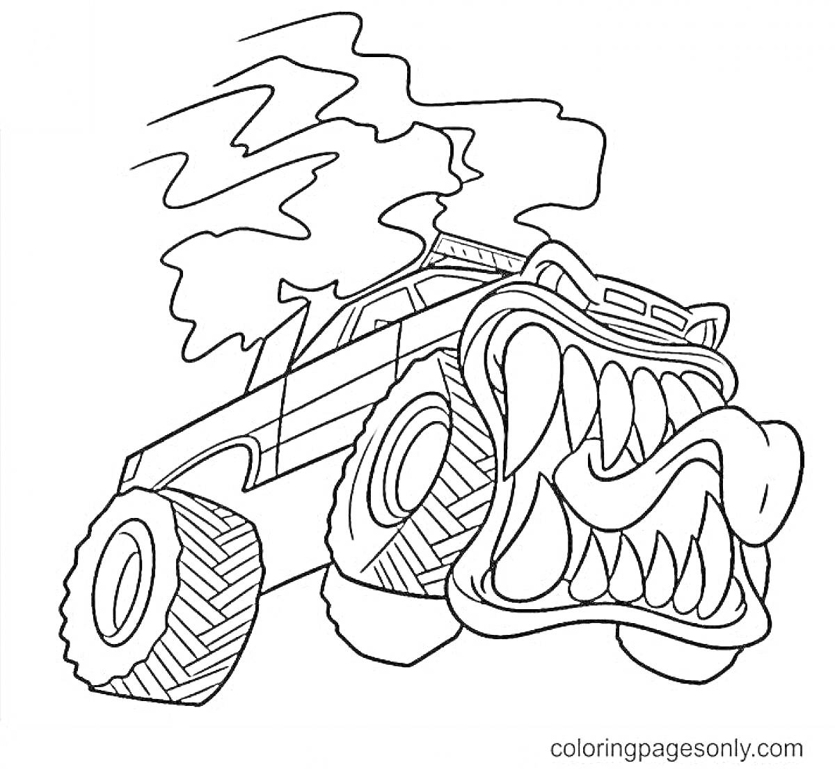 Раскраска Машина пожиратель с огромными зубами, лающими колесами и дымом на крыше