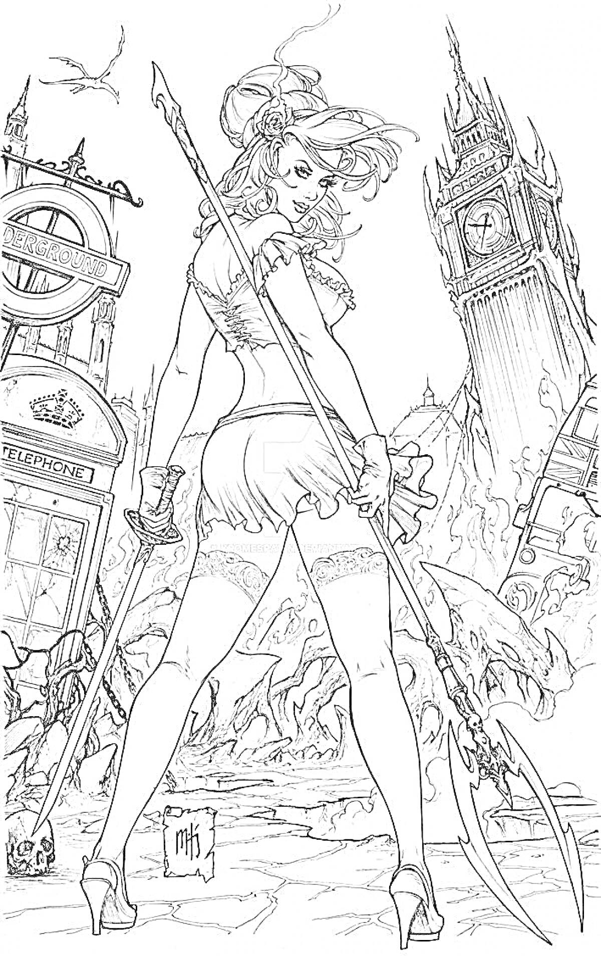 Женщина в короткой юбке и чулках с мечом в руке, на фоне разрушенного города с Биг Беном и телефонной будкой