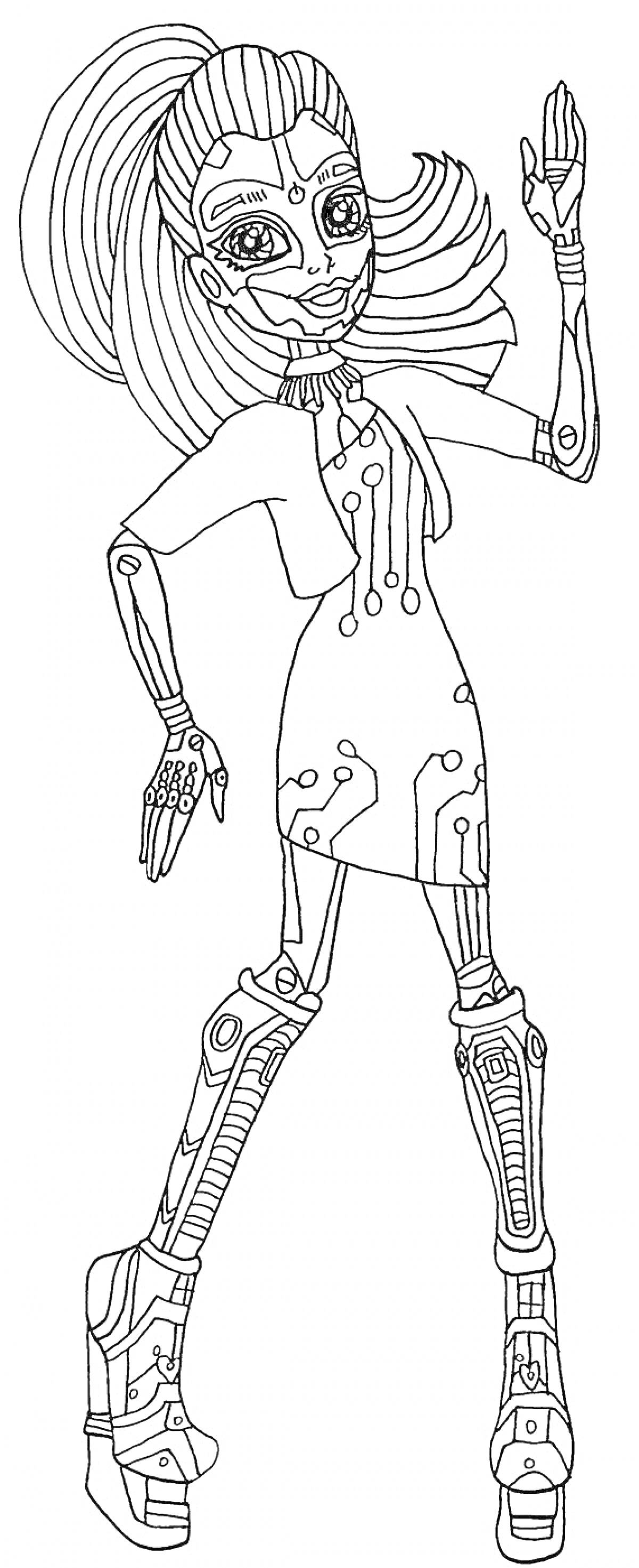 Раскраска Девушка из Монстр Хай в научно-фантастическом наряде с высоким хвостом, в платье с техно-узорами, на платформенных сапогах с технологическими элементами