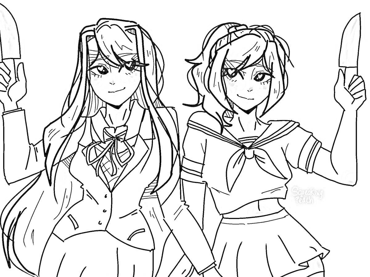 Раскраска Две девушки в школьной форме с ножами