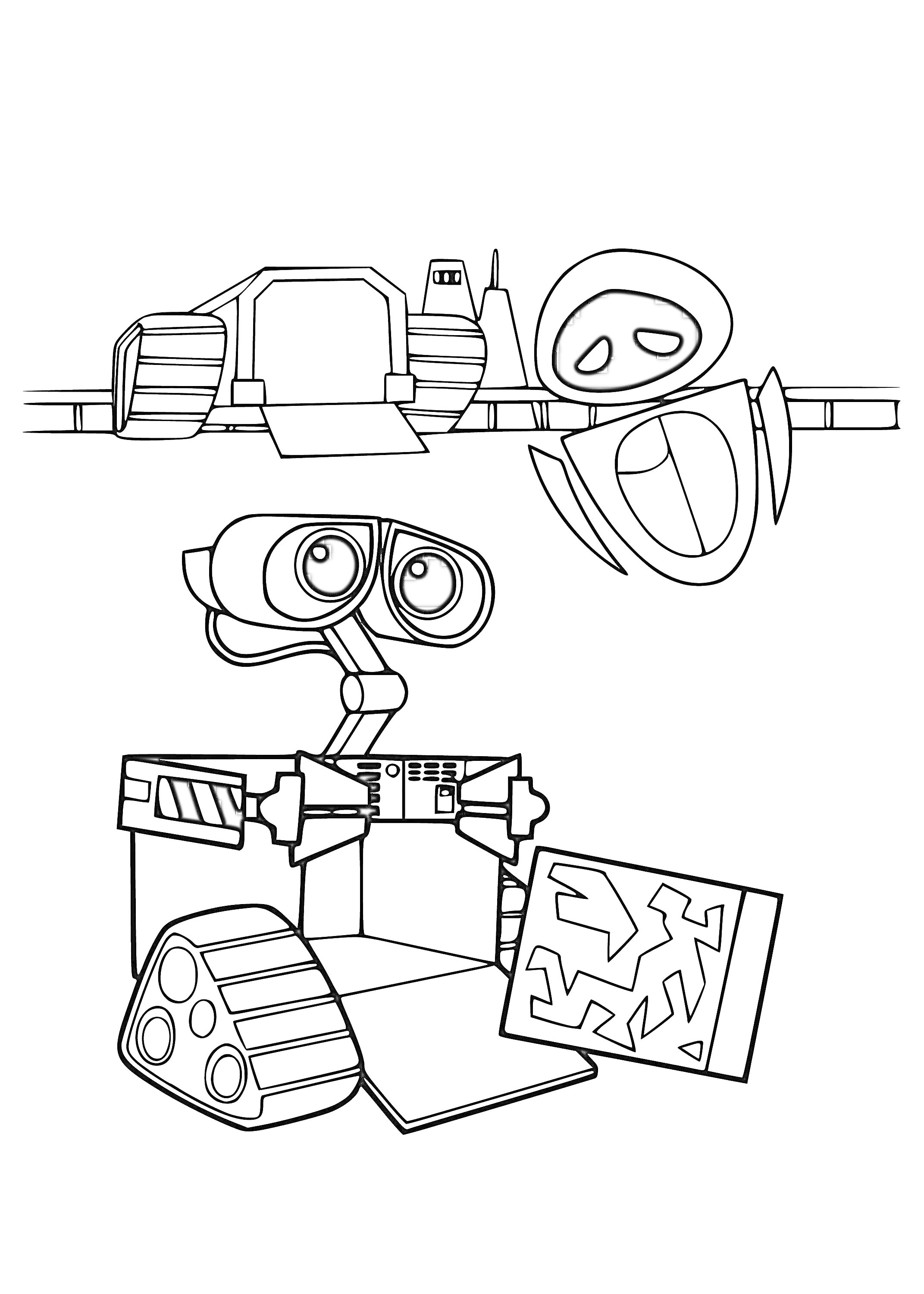 Раскраска ВАЛЛ-И и ЕВА на фоне мусорного прессовщика