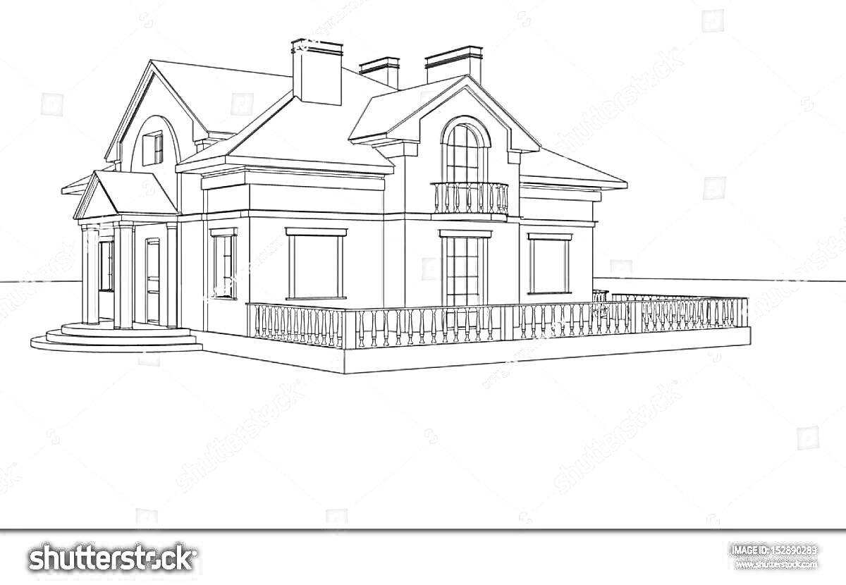 На раскраске изображено: Коттедж, Дом, Терраса, Двухэтажный дом, Архитектура, Крыша, Балкон, Окна, Забор